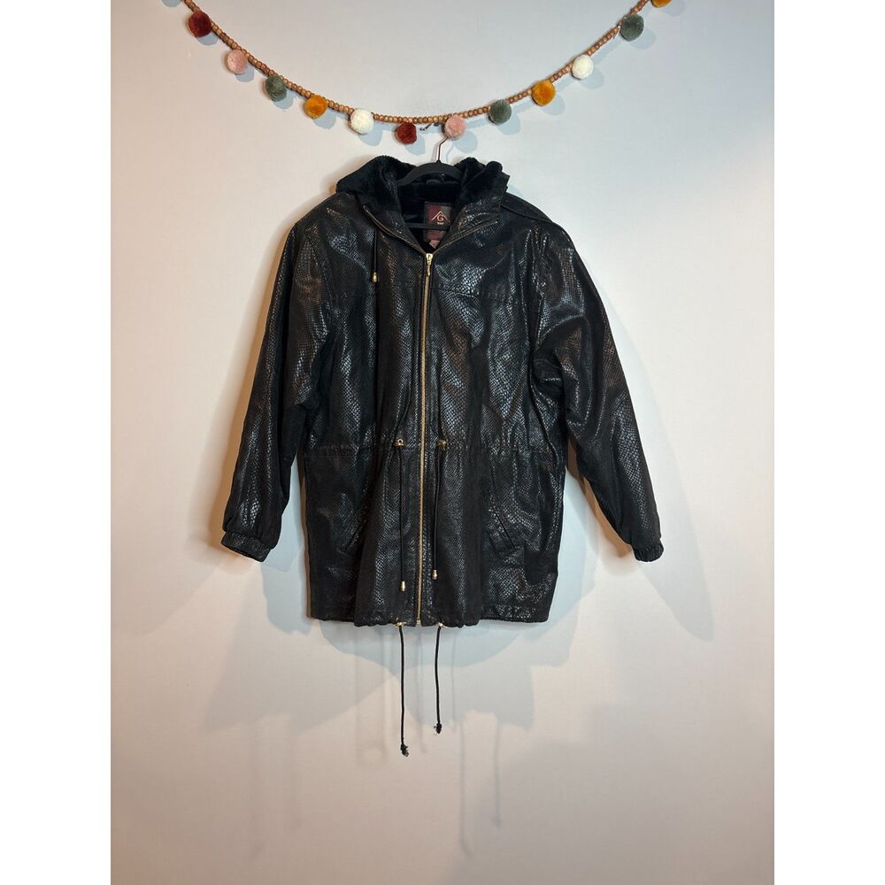 Vtg faux fur lined snakeskin patterned leather jacket